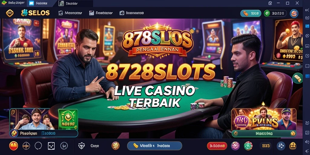 Screenshot gameplay 8728SLOTS yang menampilkan dealer langsung dan suasana kasino.