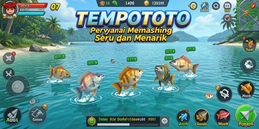 Screenshot gameplay TEMPOTOTO yang menampilkan aksi memancing seru.